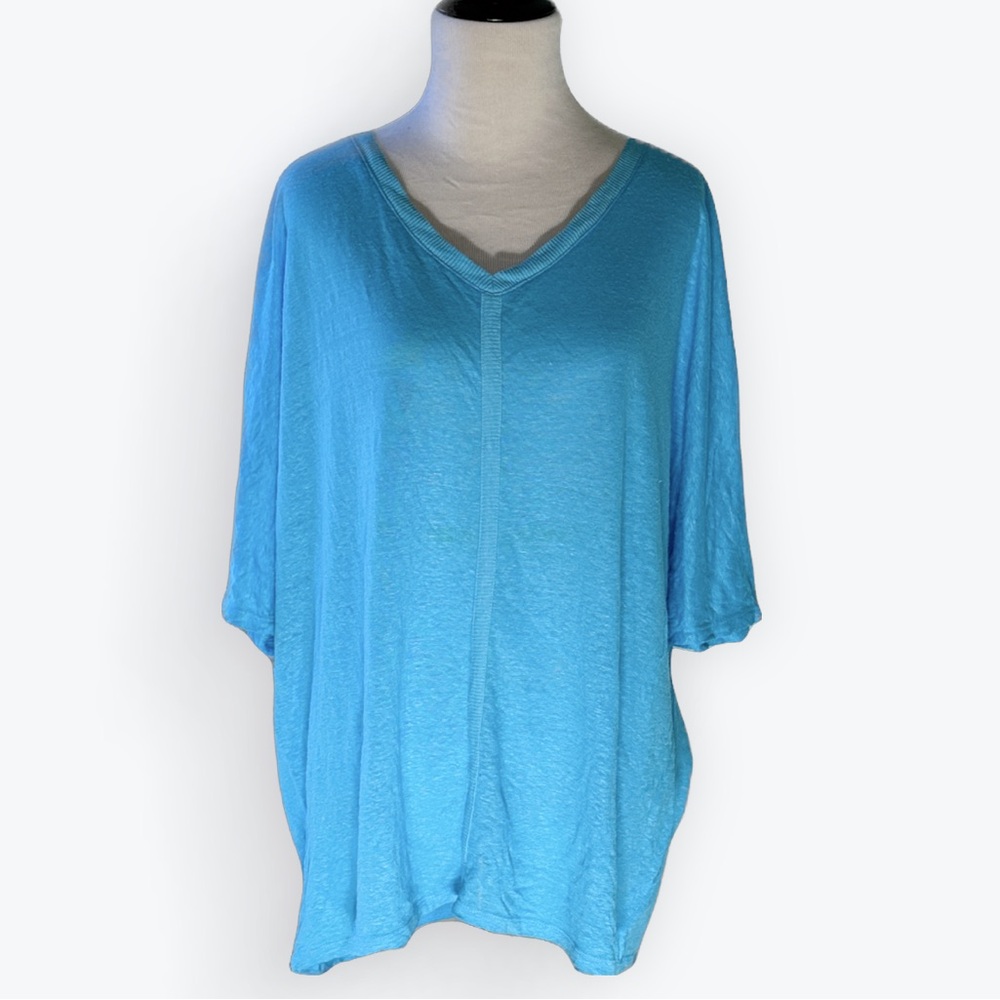 EuroSummer Coastal Turquoise Knit Linen V-Neck Blouse Tee Short Sleeves Beach~2X
